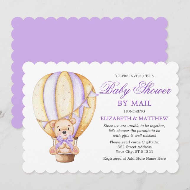 Invitation Baby shower pourpre de l'ours en peluche du ballon (Devant / Derrière)