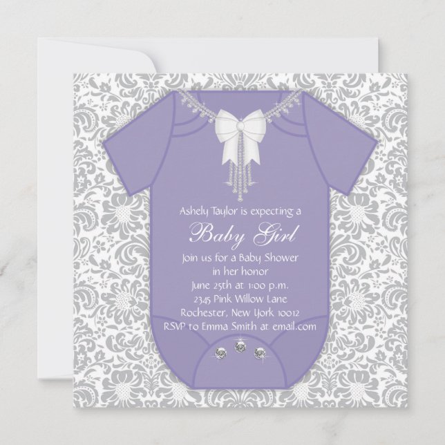 Invitation Baby shower pourpre et gris (Devant)
