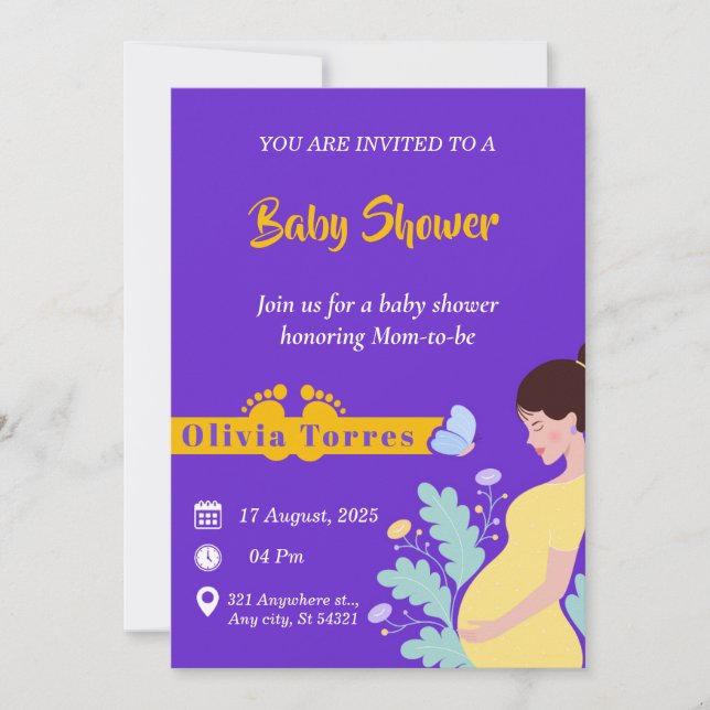 Invitation Baby shower pourpre et jaune, thème de la maternit (Devant)