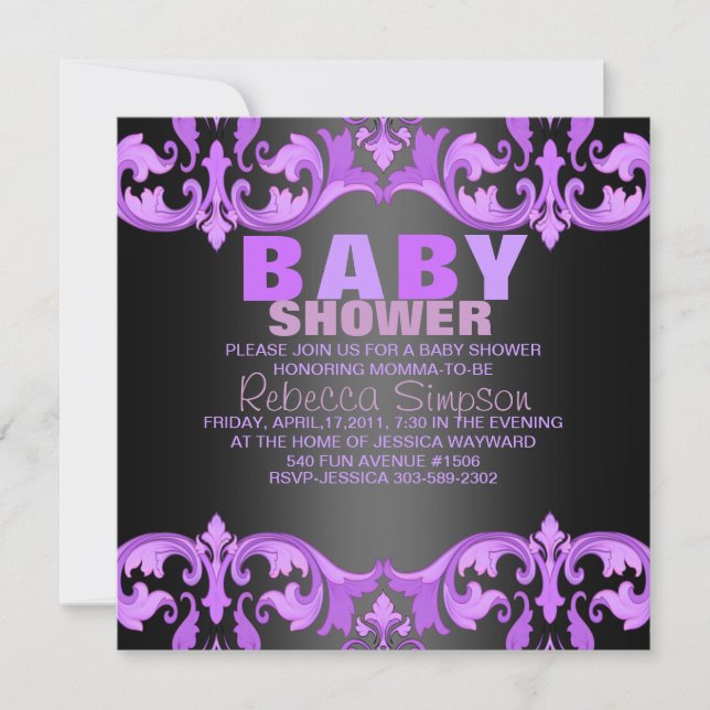 Invitation Baby shower pourpre et noir Damas (Devant)