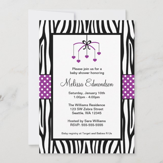 Invitation Baby shower pourpre et noir de mobile de coeur de (Devant)