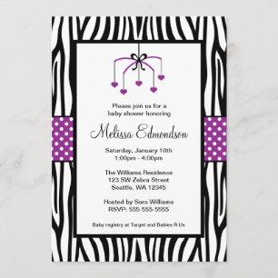 Invitation Baby shower pourpre et noir de mobile de coeur de