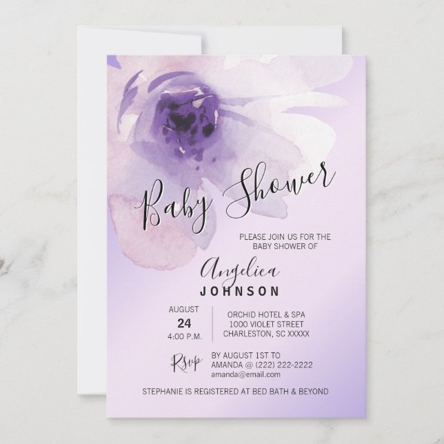 Invitation Baby shower pourpre floral de lavande d'aquarelle (Devant)