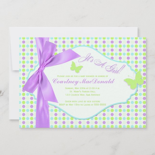 Invitation Baby shower pourpre IMPRIMÉ de pois de BOW/Ribbon (Devant)