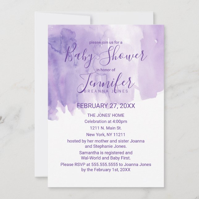 Invitation Baby shower pourpre violet d'éclaboussure (Devant)