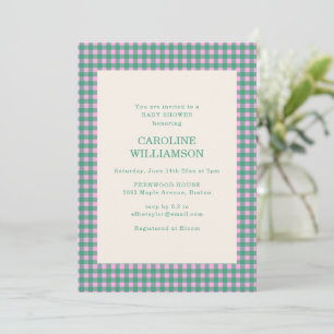 Invitation Baby Shower Préparatoire Gingham Rose et Vert Rétr