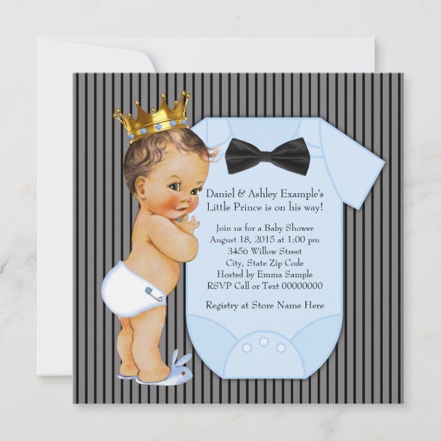 Invitation Baby shower Prince à rayures noir et bleu (Devant)