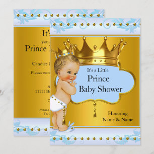 Invitation Baby shower Prince Boy Blue Gold Crown Blonde