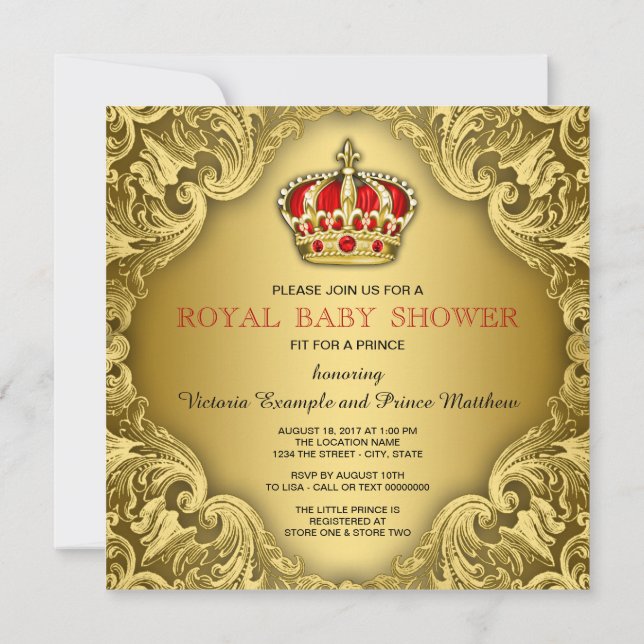 Invitation Baby shower Prince Fancy rouge et or (Dos)