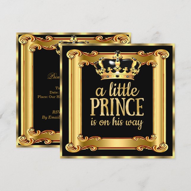 Invitation Baby shower Prince Gold Faux Foil Black Frame (Devant / Derrière)