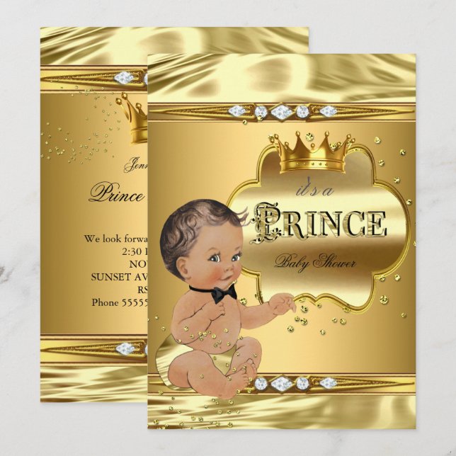 Invitation Baby shower Prince Gold Foil Brunette Bow Cravate (Devant / Derrière)