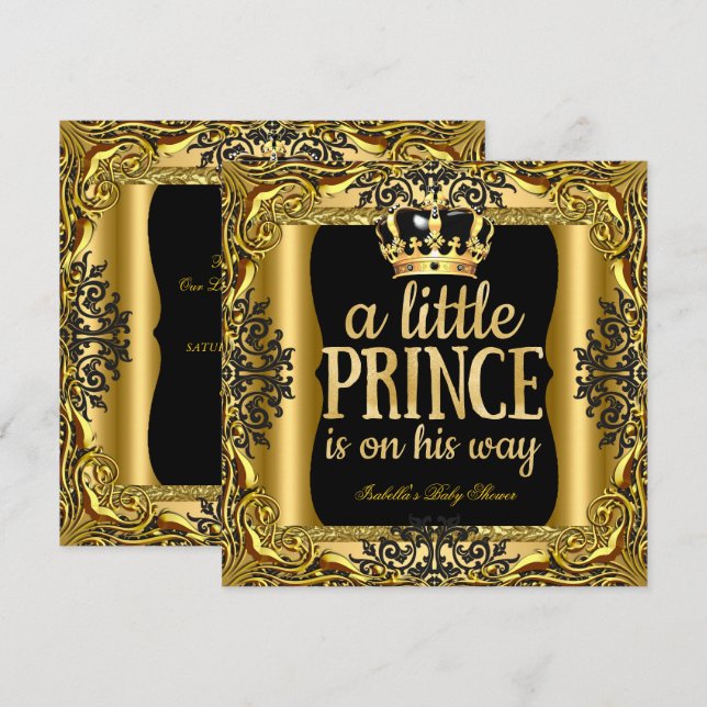 Invitation Baby shower Prince sur le chemin Gold Black (Devant / Derrière)