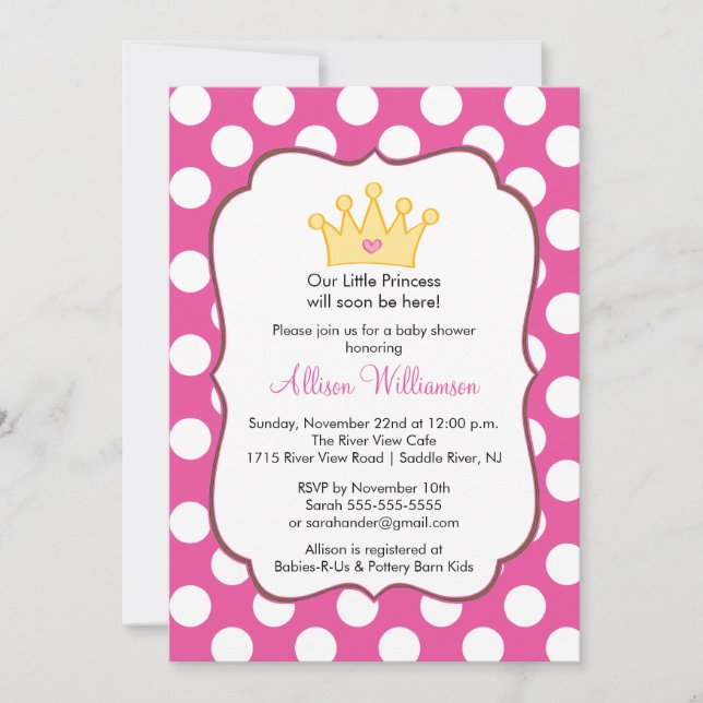 Invitation Baby shower Princess Crown Dots roses (Devant)