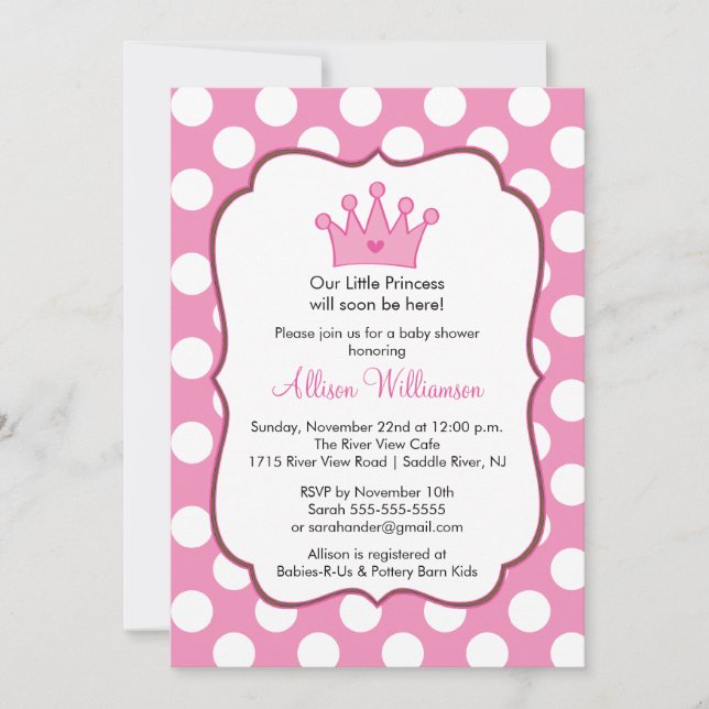 Invitation Baby shower Princess Crown Dots roses (Devant)