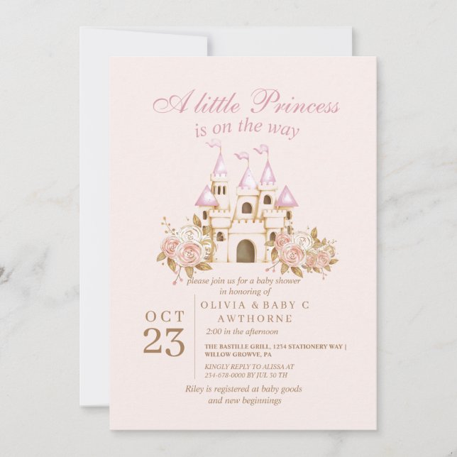 Invitation Baby shower Princess Pink Gold Castle (Devant)