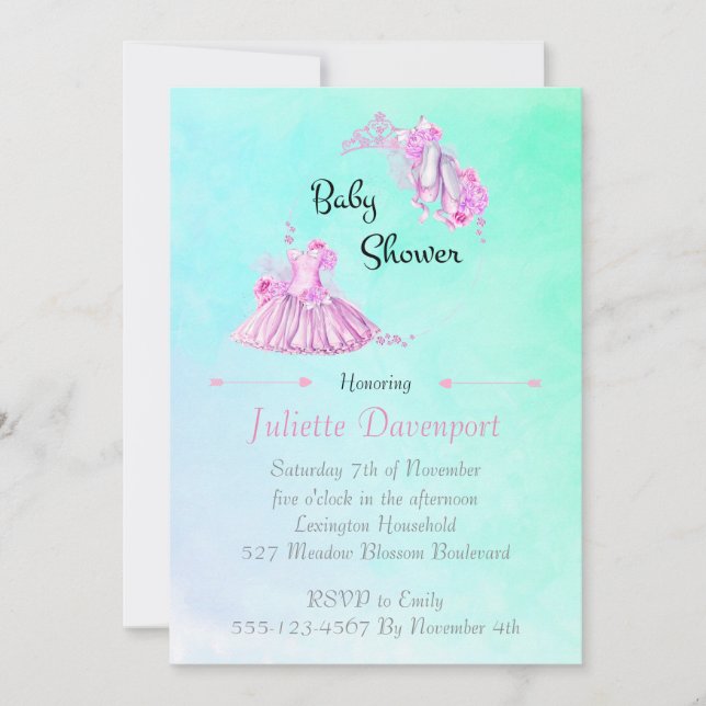 Invitation Baby shower princesse Ballet Aquarelle rose (Devant)