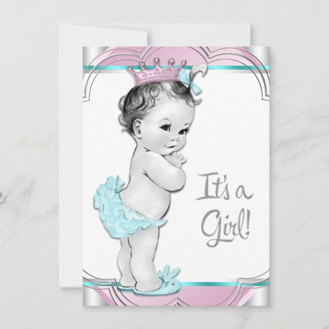 Invitation Baby shower princesse bleue rose et Turquoise (Devant)