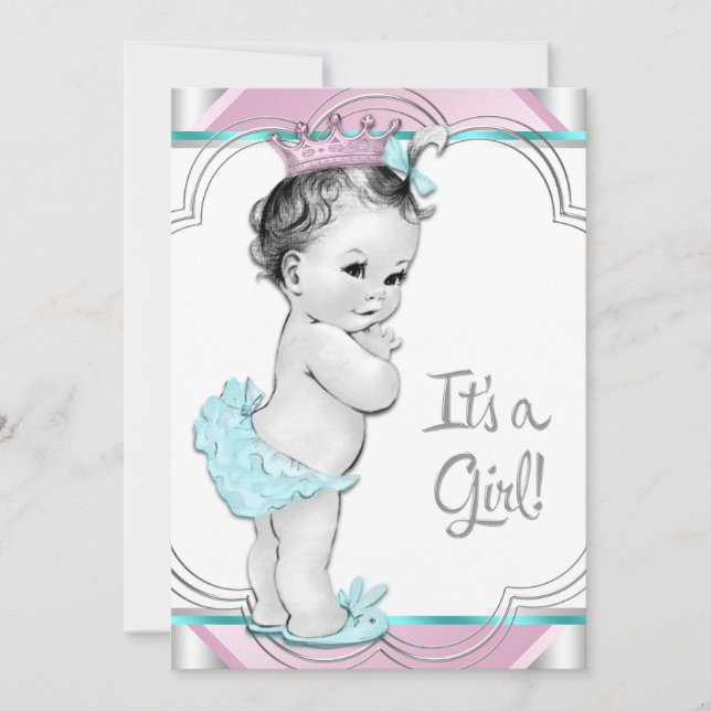Invitation Baby shower princesse bleue rose et Turquoise (Devant)