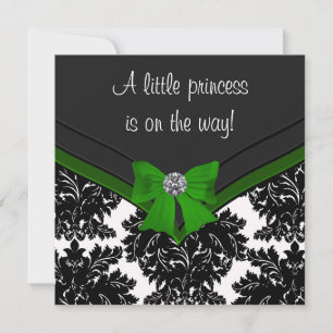 Invitation Baby shower Princesse Bow Green Damask noir