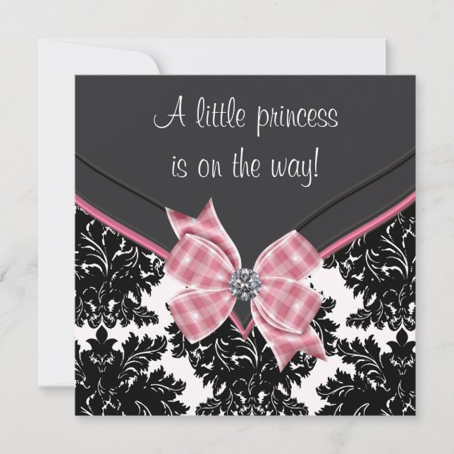 Invitation Baby shower princesse Bow rose Damask noir (Devant)