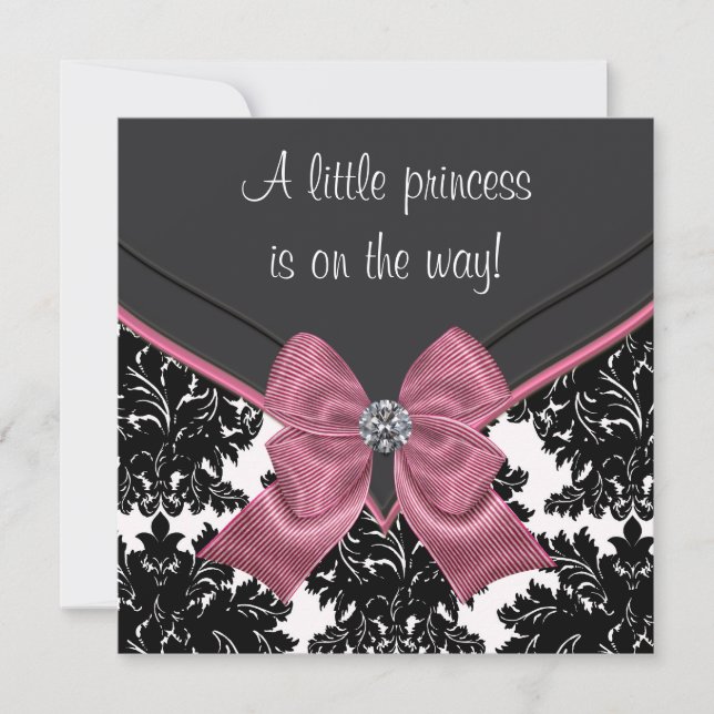 Invitation Baby shower princesse Bow rose Damask noir (Devant)
