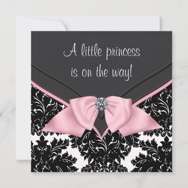 Invitation Baby shower princesse Bow rose Damask noir (Devant)