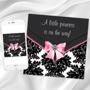 Invitation Baby shower princesse Bow rose Damask noir