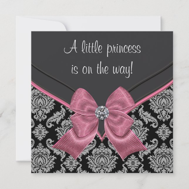 Invitation Baby shower princesse Bow rose Damask noir (Devant)