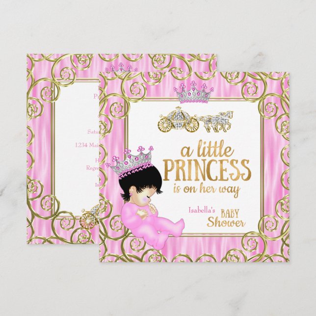 Invitation Baby Shower Princesse Brune Calèche Rose Chevaux (Devant / Derrière)