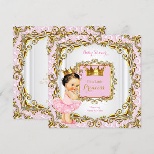 Invitation Baby Shower Princesse Brune Robe en Dentelle Rose