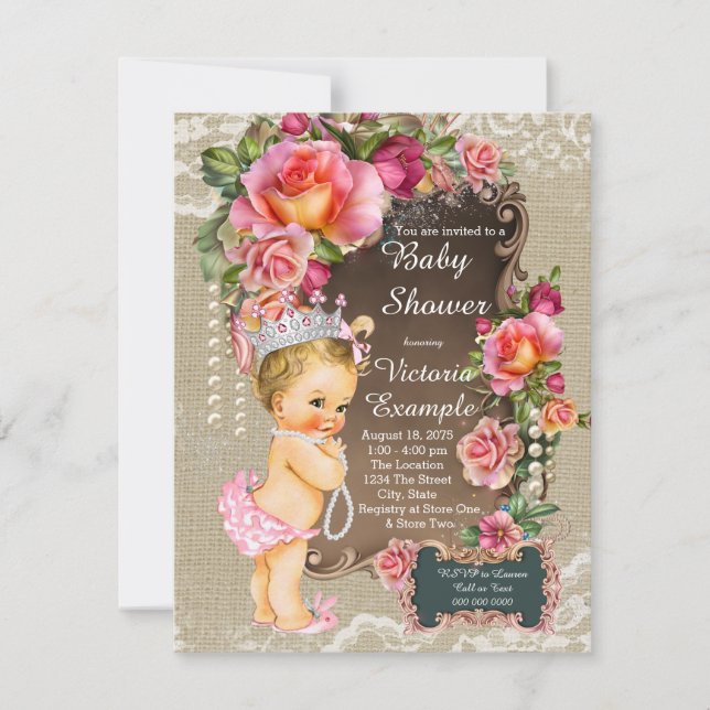 Invitation Baby shower princesse Burlap Lace Pearl (Devant)