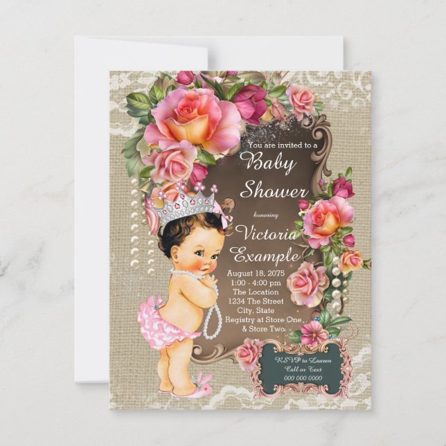 Invitation Baby shower princesse Burlap Lace Pearl (Devant)