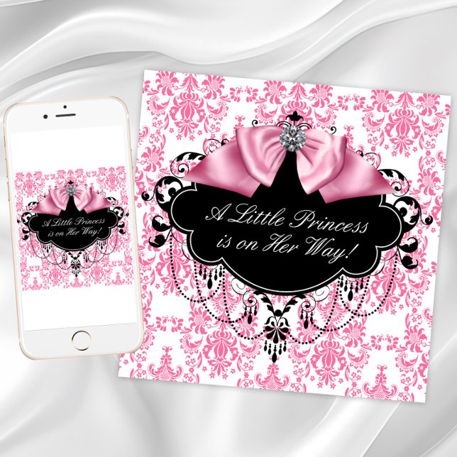 Invitation Baby shower princesse Damas noir rose (Pink and black baby shower invitations. Add your own text. Instant download and printed available.)