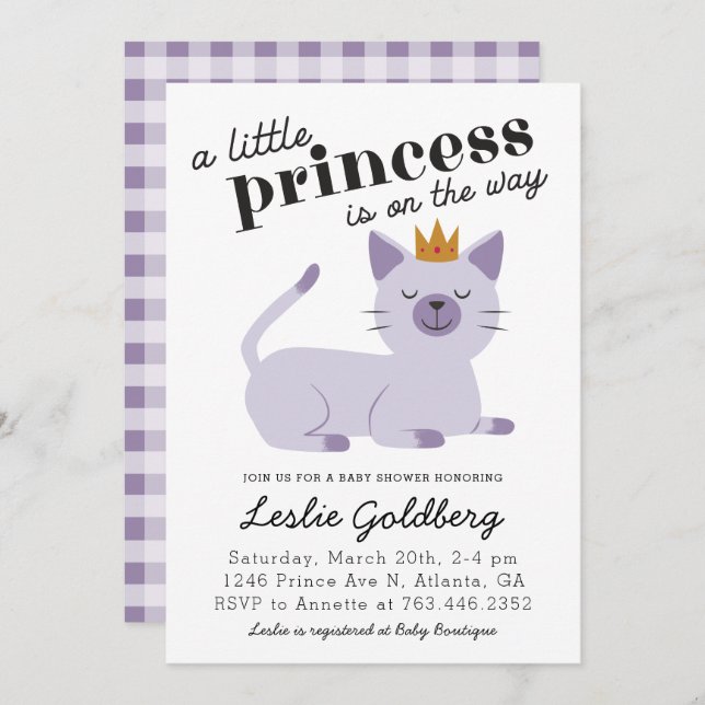 Invitation Baby shower Princesse de chat violet (Devant / Derrière)