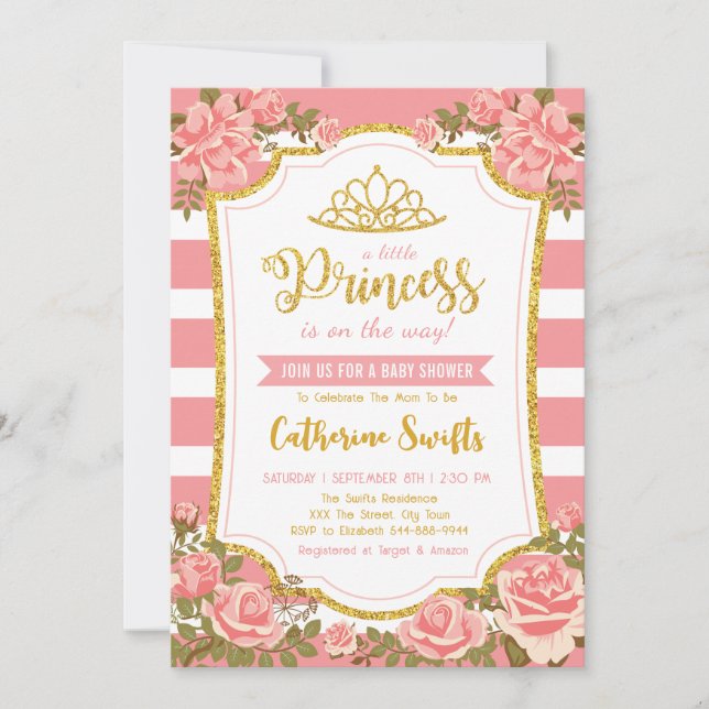 Invitation Baby shower princesse d'or rose rose floral (Devant)