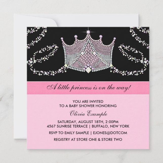 Invitation Baby shower princesse fille rose et noire (Devant)