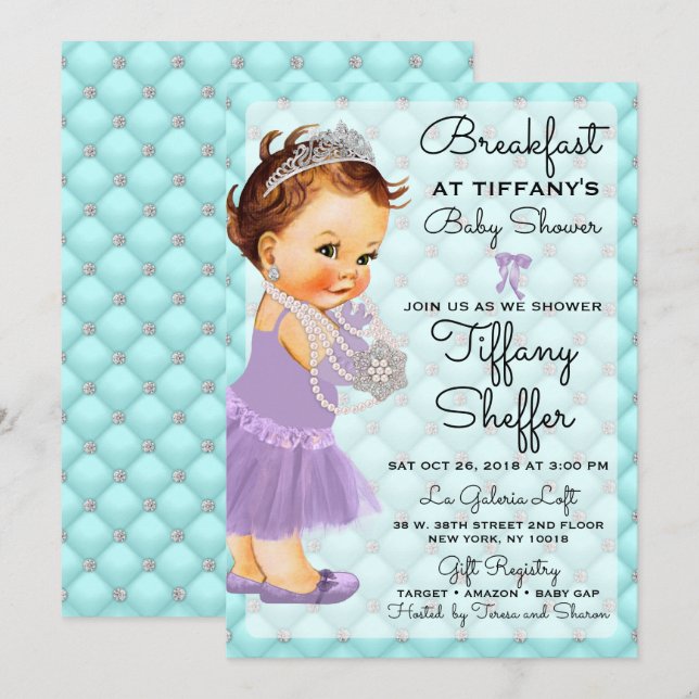 Invitation Baby shower Princesse Fille Turquoise Lavande Bleu (Devant / Derrière)