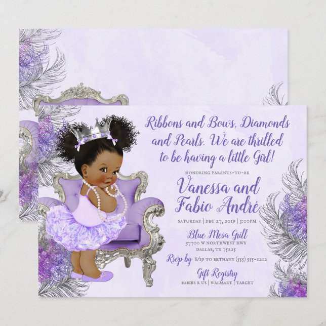 Invitation Baby shower princesse Lavender Silver (Devant / Derrière)