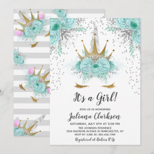 Invitation Baby shower Princesse Mint, Silver & Gold Unicorn