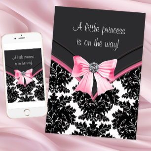 Invitation Baby Shower Princesse Rose Damask Noir