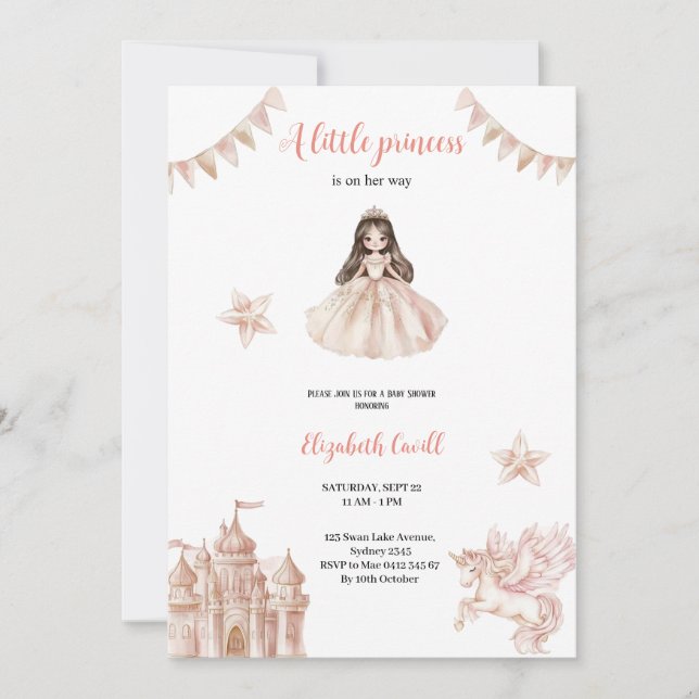 Invitation baby shower princesse rose élégant et mignon (Devant)