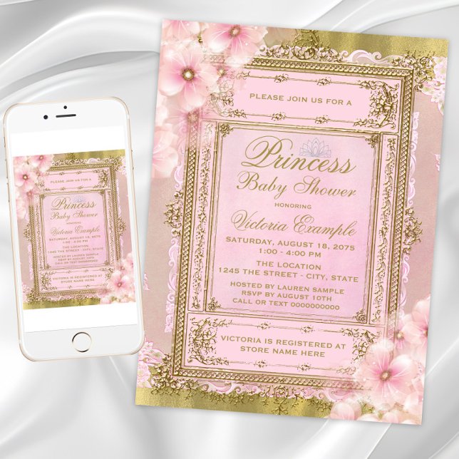 Invitation Baby shower princesse rose et or à huile (Pink Gold Princess Baby Shower Invitation. Instant download and printed invitations available.)