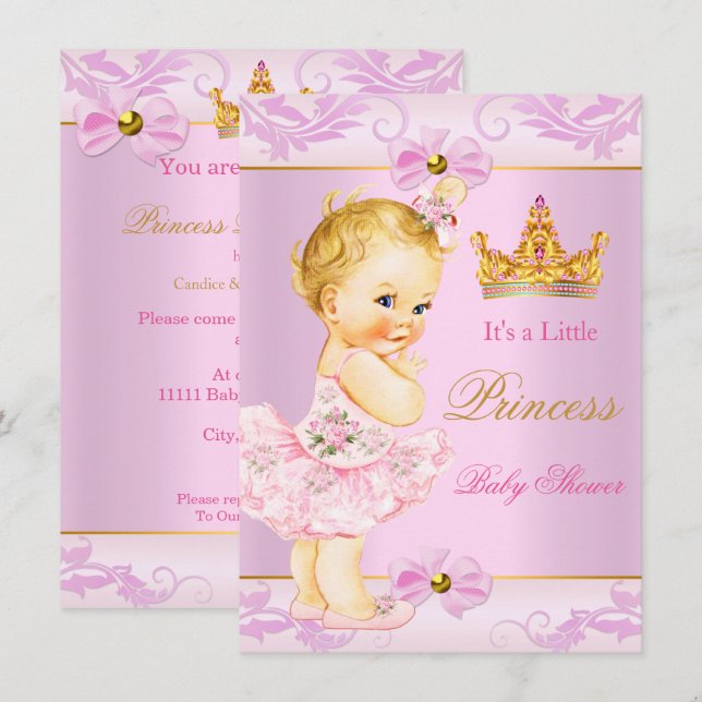 Invitation Baby shower Princesse Tiara Cute Girl Blonde rose (Devant / Derrière)