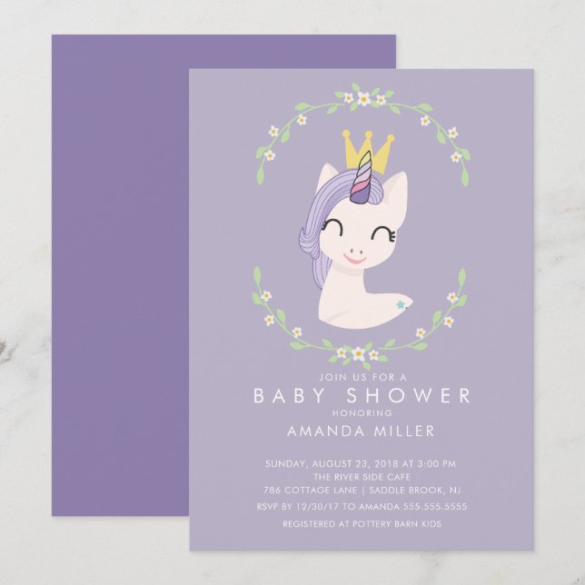 Invitation Baby shower Princesse Unicorn (Devant / Derrière)