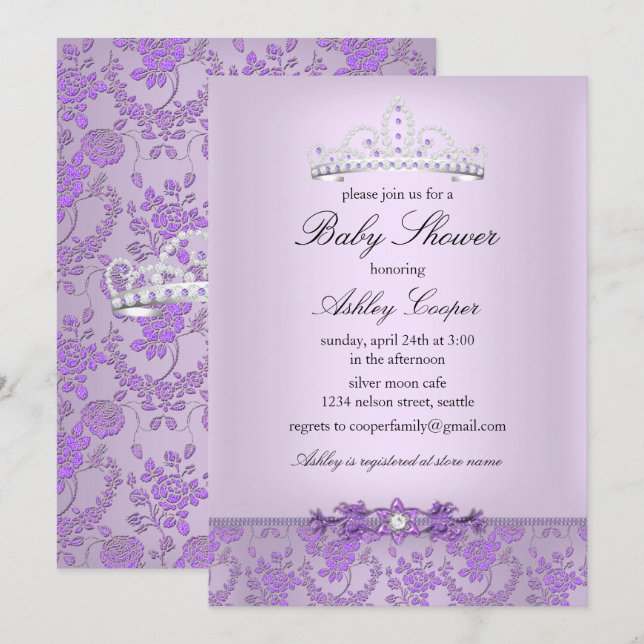 Invitation Baby shower princesse violette Tiara (Devant / Derrière)