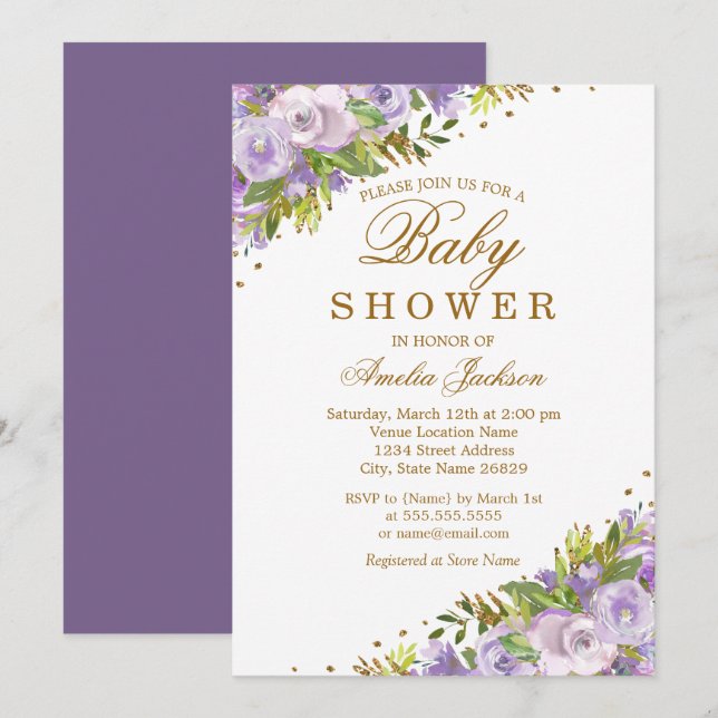 Invitation Baby shower Purple Floral Aquarelle Or (Devant / Derrière)