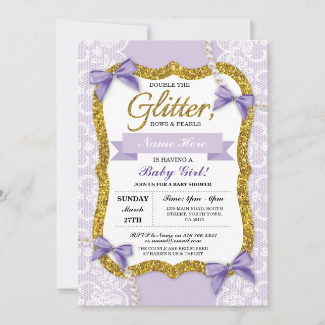 Invitation Baby shower Purple Gold Dentelle Parties scintilla (Devant)