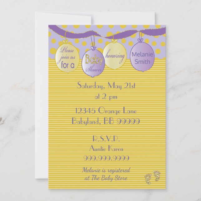 Invitation baby shower. Purple/Or, Points/Bandes (Devant)