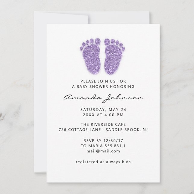 Invitation Baby shower Purple Pieds Parties scintillant Lecte (Devant)