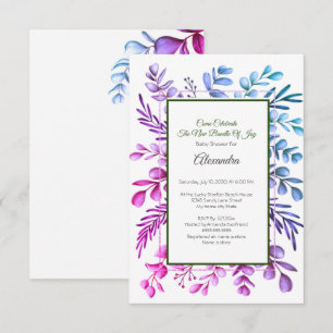 Invitation Baby shower Purple Pink Blue Eucalyptus